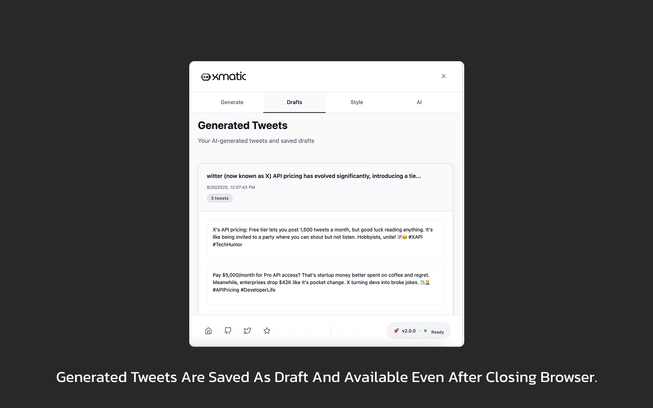 xMatic Tweet Generation interface with multiple style options